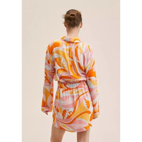 MANGO Orange Pink Abstract Scarf Printed Crepe Mini Shirt Dress, Size 4 - Picture 3 of 15